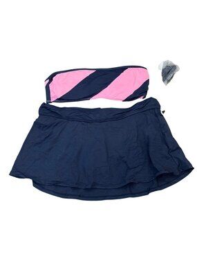 Anne Cole Signature Bandeau Bikini Top & Skirted Bottom Navy Pink S New